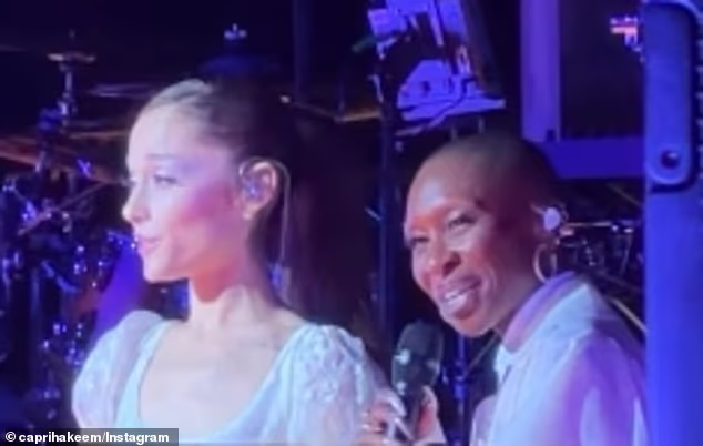 Ariana Grande (L) reunited with her former Wicked co-star Cynthia Erivo (R) to perform two duets during her concert at The O2 Arena in London, England on Sunday
