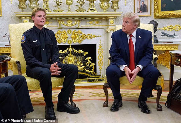President Donald Trump welcomed lifeguard Ryder Williams to the Oval Office to honor him for his daring rescue of a 10-year-old boy