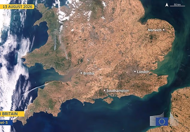 A satellite image shows a largely brown and yellow-looking country last week