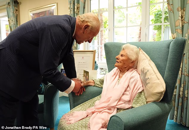 King Charles III meeting Ethel Caterham, at Hallmark Lakeview Care Home in Lightwater, Surrey in September last year, just after her 116th birthday