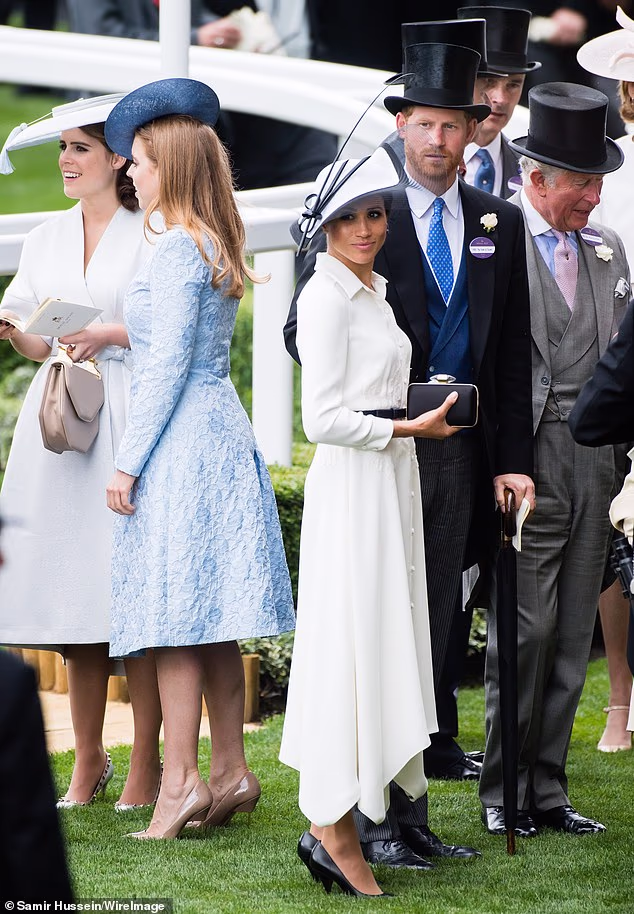Prince Harry and Princess Eugenie are 'no longer speaking' to each other, it has been claimed. Pictured: Princesses Eugenie and Beatrice standing next to Prince Harry and Meghan Markle at Ascot in 2019