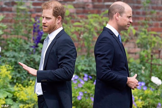 Prince Harr and Prince William stand together during the unveiling of a statue they commissioned of their mother Princess Diana on July 1, 2021
