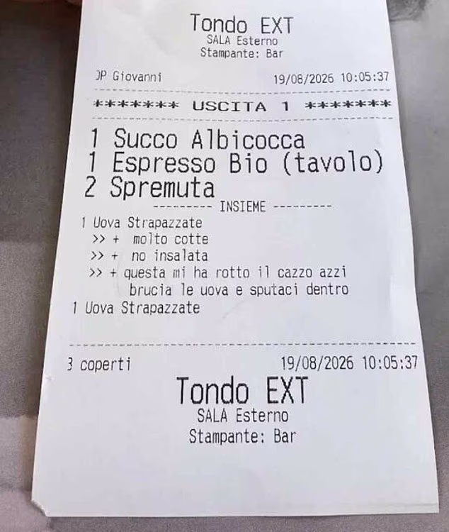 A horrified tourist was left aghast after being given a receipt from a restaurant saying 'burn the eggs and spit on them'