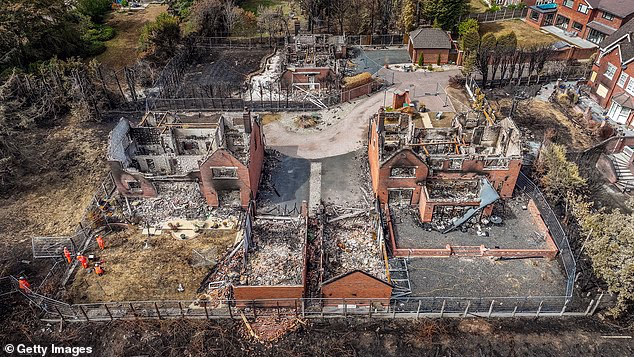 An aerial view of destroyed homes after the huge wildfires in Stourbridge on August 21