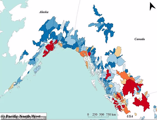As rescue efforts continue in the flood-hit regions of Nepal and Tibet, scientists have mapped which glaciers around the world could be at risk of a similar disaster. Pictured: Red regions show areas of high Glacial Lake Overflow Flood risk