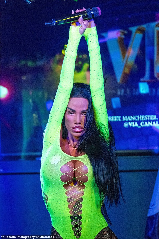 Katie Price let her hair down as she performed her hit I Got U in a very racy cut-out neon leotard at Manchester Pride on Friday night