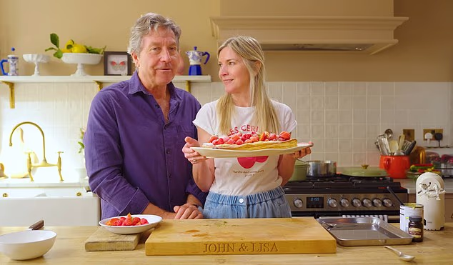 John Torode and his wife Lisa Faulkner show off a dessert on their YouTube cooking show
