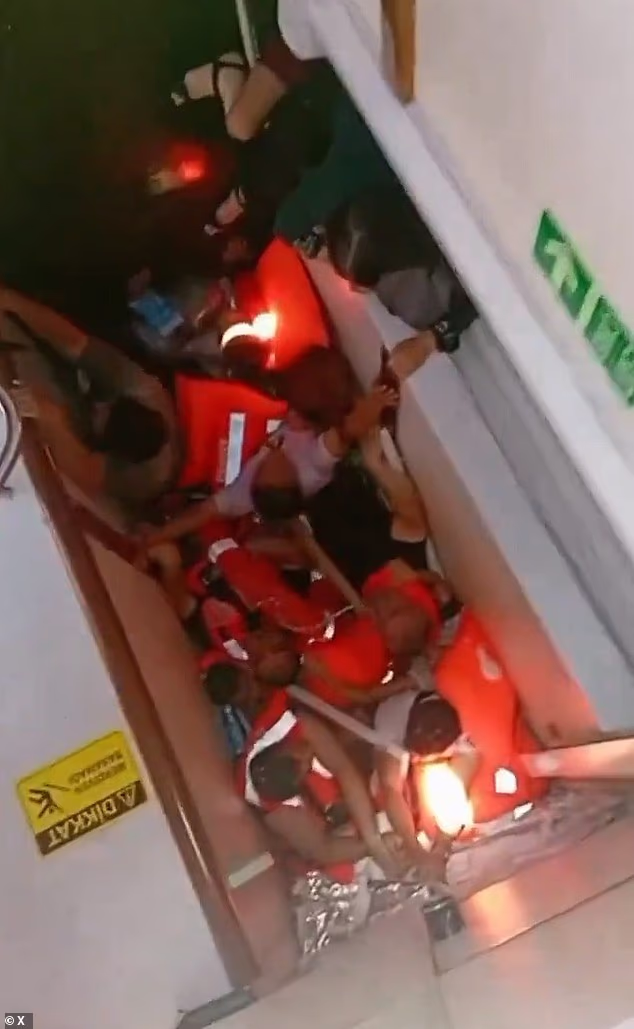 Terrifying footage shows passengers desperately scrambling to escape from deep inside a sinking ferry off northern Cyprus after it was battered by waves