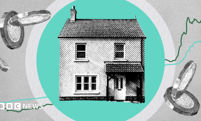 A visualisation of a house, backdropped by a turquoise circle. A line chart runs behind it and it's surrounded by pound coins.
