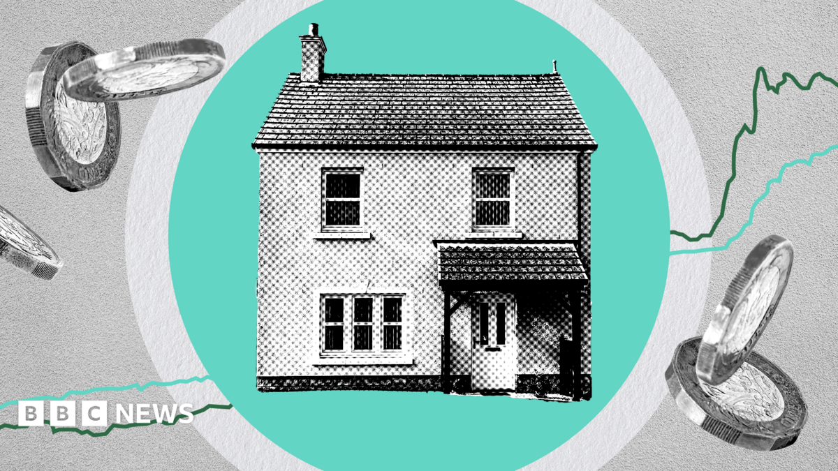 A visualisation of a house, backdropped by a turquoise circle. A line chart runs behind it and it's surrounded by pound coins.