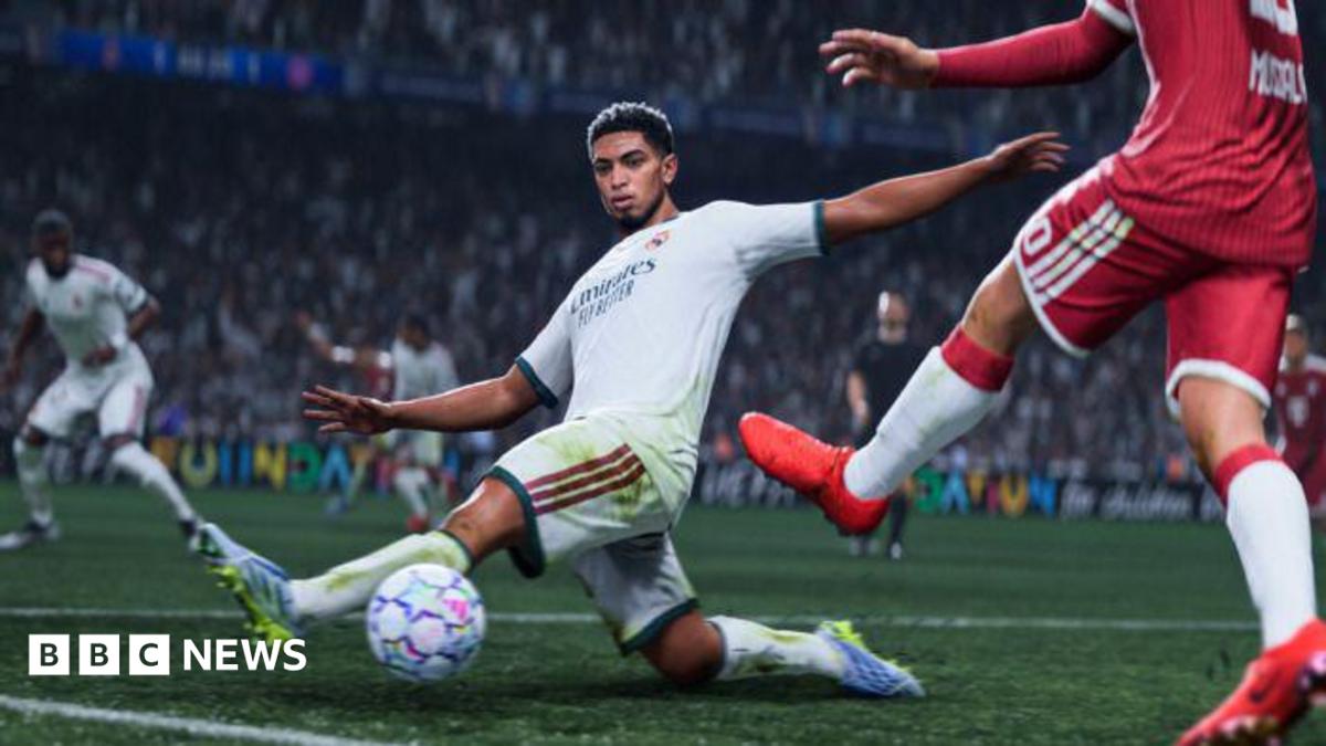 A screenshot from EA's EA FC 27, showing England's Jude Bellingham in white on the football pitch, saving a pass from the opposing team in red.