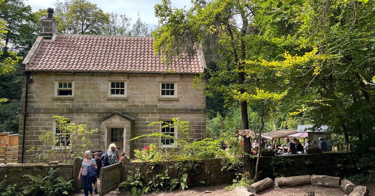 Beautiful North York Moors tea garden next to waterfall