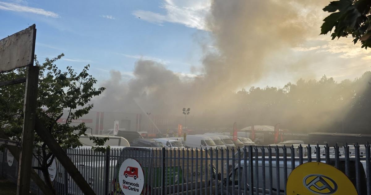 Fire engines at the scene of a fire at Washington dealership