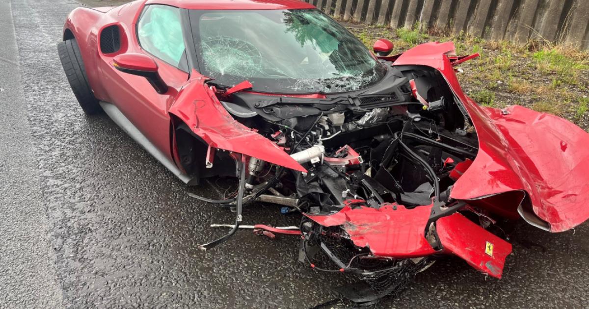 Ferrari left wrecked after driver loses control on M602