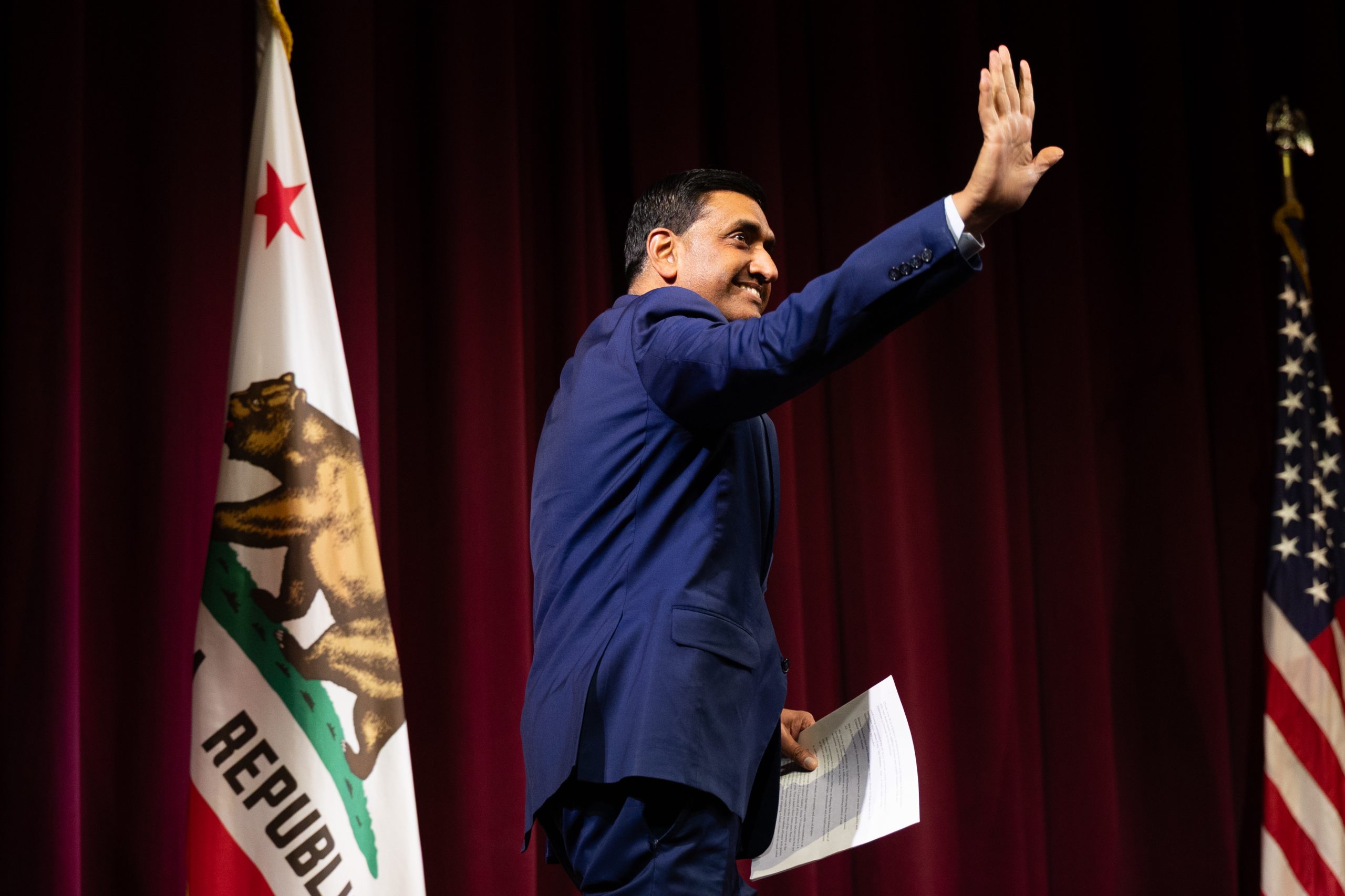 Rep. Ro Khanna (D-Calif.) gestures at a town hall event in February 2026 in Stanford, California.
