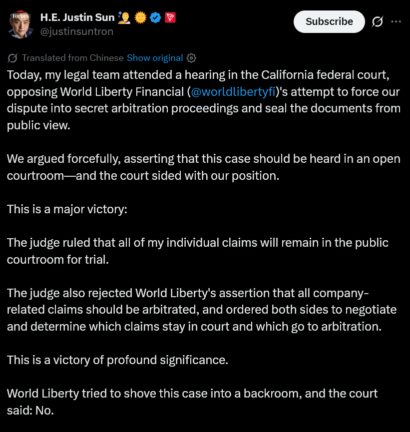 Justin Sun Wins Key Court Battle Against Trump-Backed World Liberty Financial