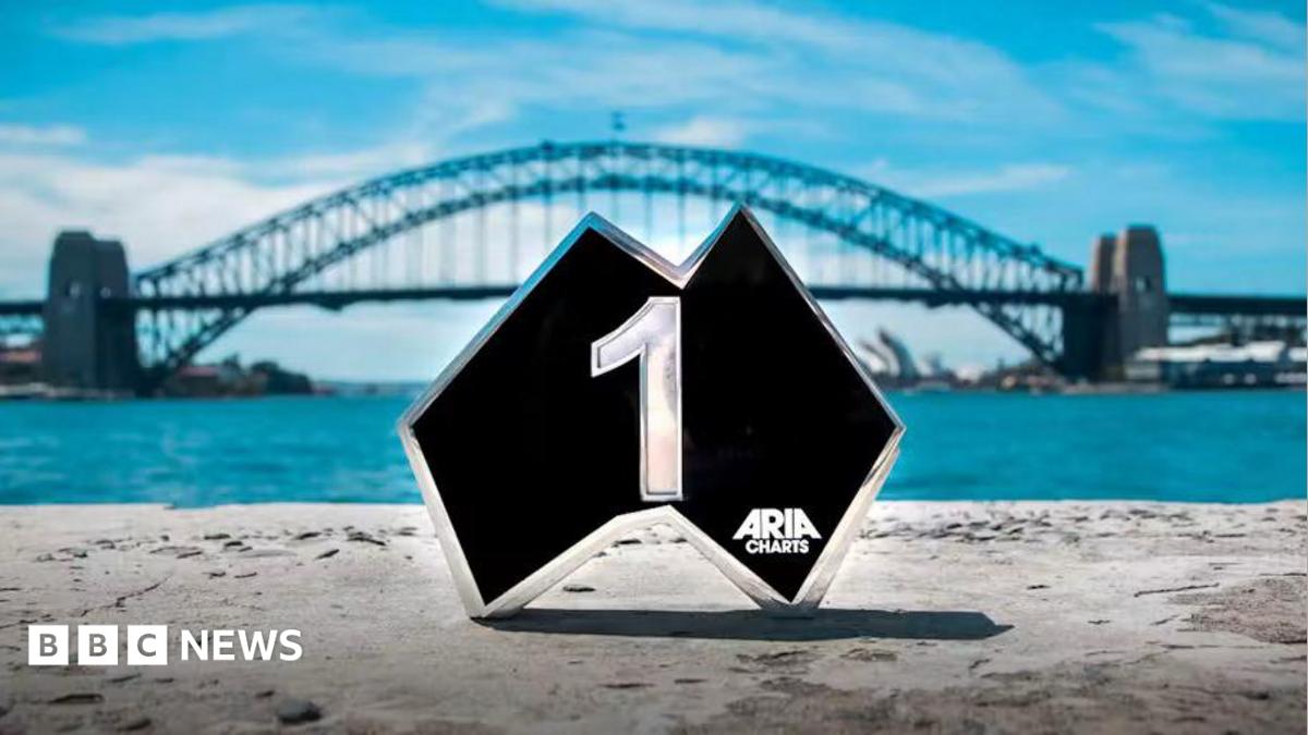 An Aria award pictured in front of the Sydney Harbour Bridge