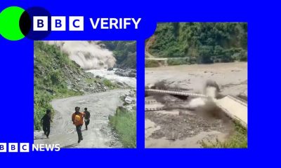 A composite image showing screengrabs from two verified videos that have emerged from Nepal following floods. The picture on the left shows people fleeing from the flood water, and the second image shows a destroyed bridge.