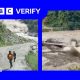 A composite image showing screengrabs from two verified videos that have emerged from Nepal following floods. The picture on the left shows people fleeing from the flood water, and the second image shows a destroyed bridge.