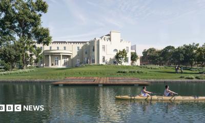 A CGI-generated image of two rowers rowing past Bray Studios.