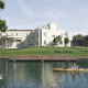 A CGI-generated image of two rowers rowing past Bray Studios.