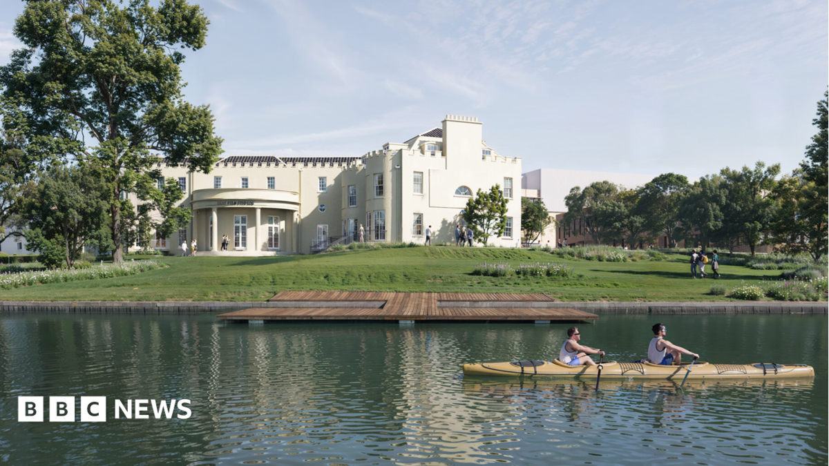 A CGI-generated image of two rowers rowing past Bray Studios.