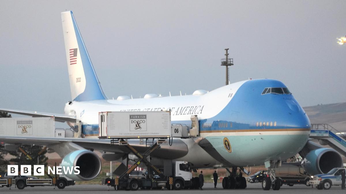 A view of the Air Force One plane in Turkey on July 8 with catering truck in the foreground