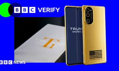 The T1 phone rom Trump Mobile against blue and green BBC Verify branding