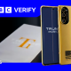 The T1 phone rom Trump Mobile against blue and green BBC Verify branding