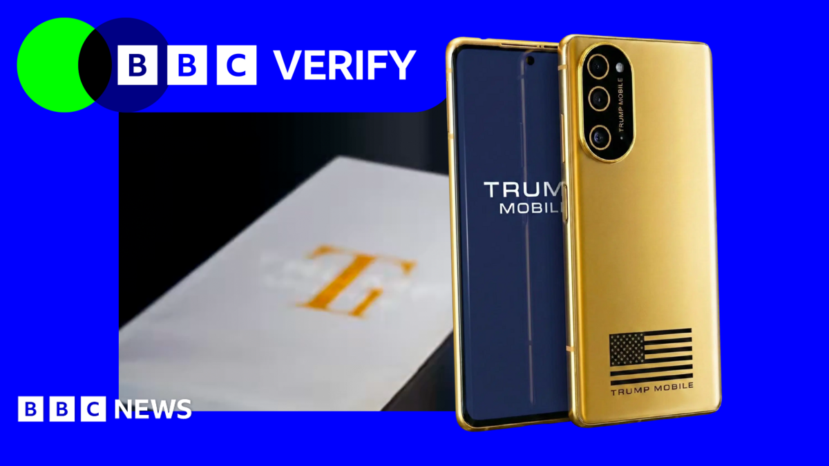 The T1 phone rom Trump Mobile against blue and green BBC Verify branding