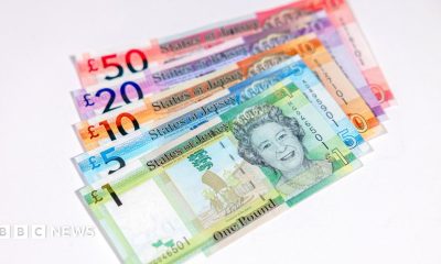 A stack of Jersey currency showing a notes including £1, £5, £10, £20 and £50.