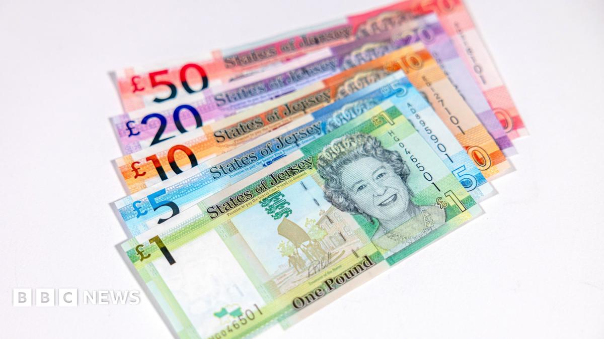 A stack of Jersey currency showing a notes including £1, £5, £10, £20 and £50.