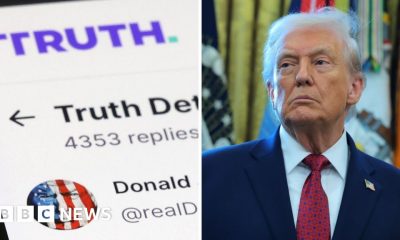 Split screen. Left, Truth Social icon and Trump's account. Right, Donald Trump.
