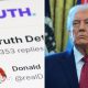 Split screen. Left, Truth Social icon and Trump's account. Right, Donald Trump.