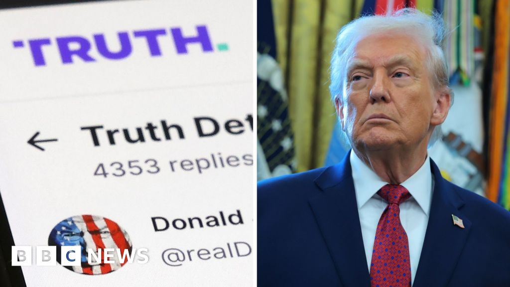 Split screen. Left, Truth Social icon and Trump's account. Right, Donald Trump.