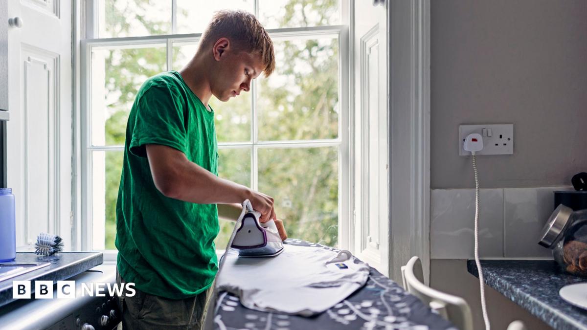 Stock photo shows a person ironing a T shirt in front of a window in their kitchen, next to a plug socket and with the washing machine behind them.