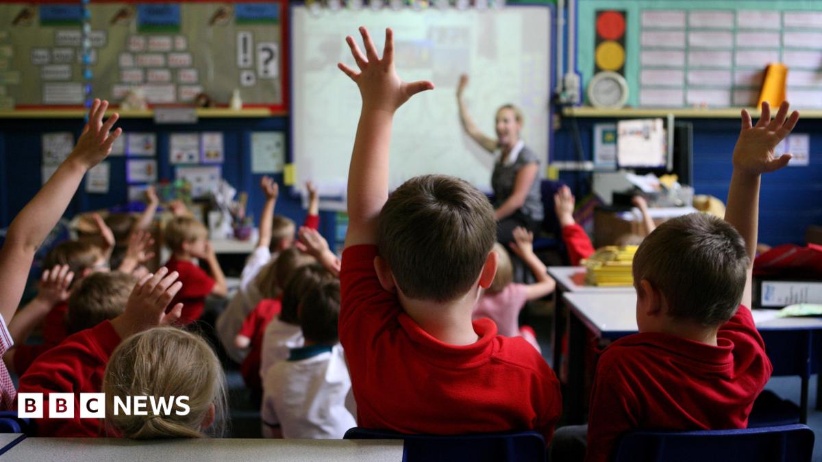Children sit in a primary school classroom with several pupils raising their hands while a teacher stands at the front near an interactive whiteboard. School displays and learning materials can be seen around the room.