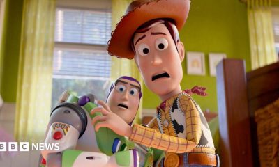 A still of Buzz and Woody from Toy Story 5, both looking shocked