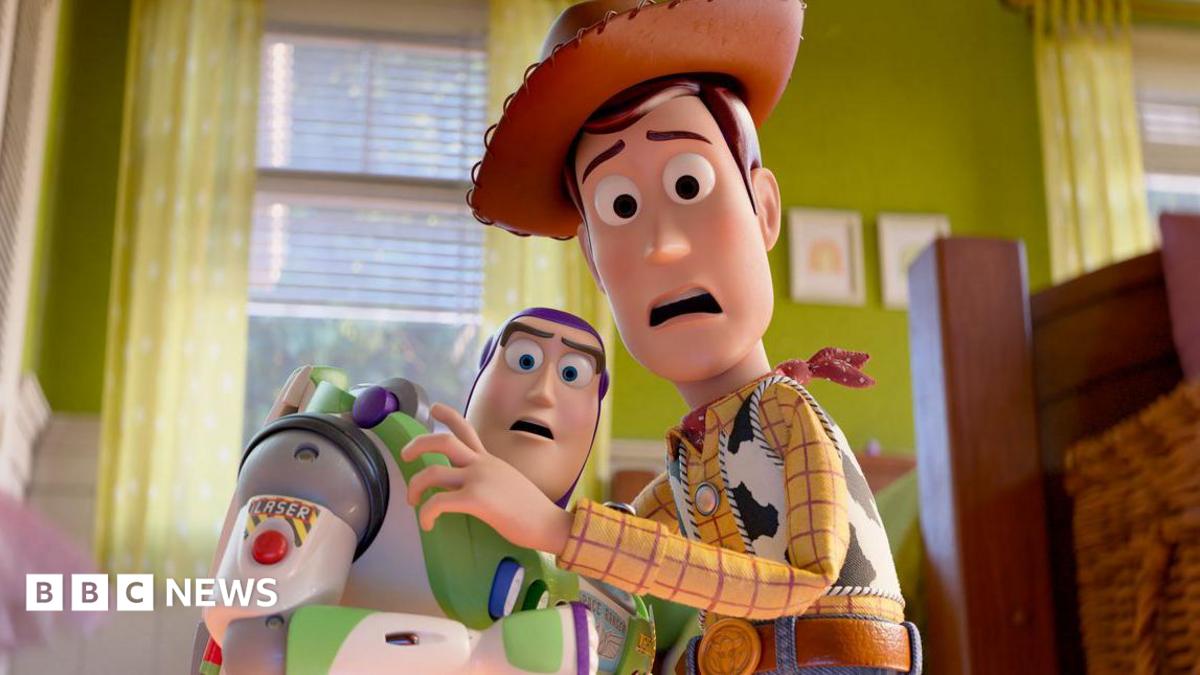 A still of Buzz and Woody from Toy Story 5, both looking shocked