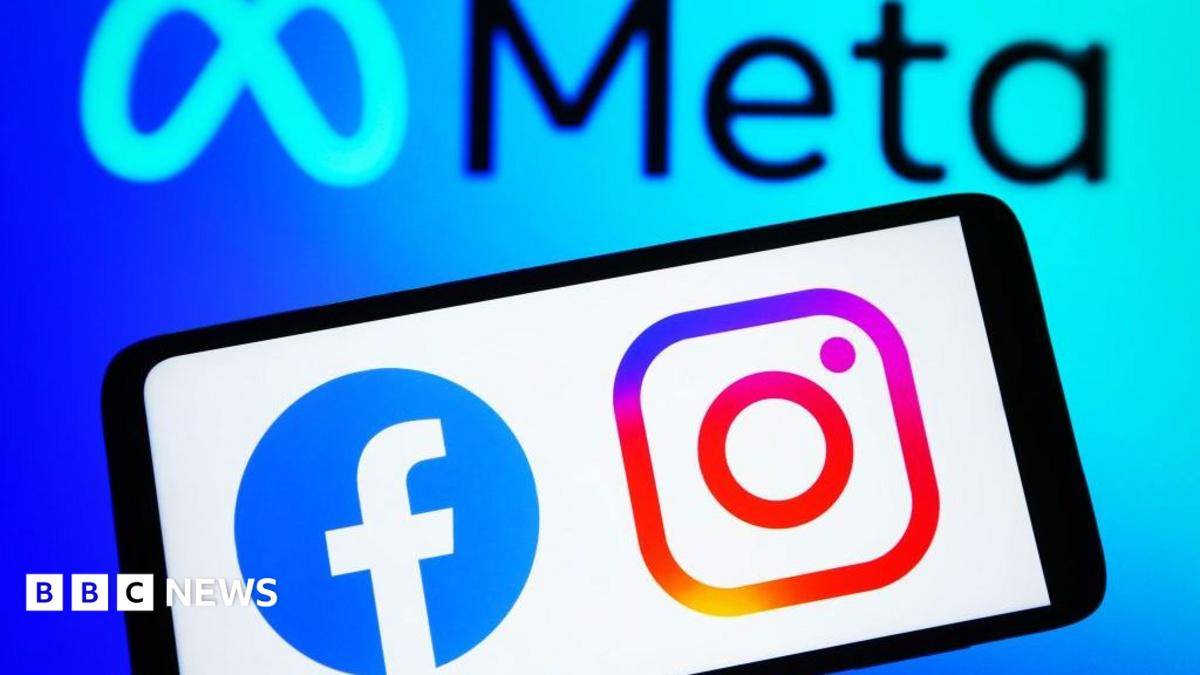 A phone screen with the facebook and instagram logos on it. In the background is the meta logo.