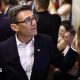 Andy Burnham reacts as he stands in a metro carriage among passengers during the journey between the metro stations Zoloti Vorota and Lukanivska on August 24, 2026 in Kyiv, Ukraine.