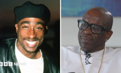 Split screen. Left, Tupac Shakur is seen. Right, Mopreme Shakur is seen.