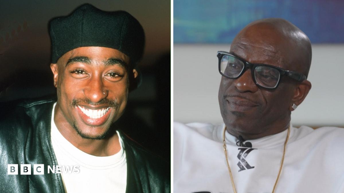 Split screen. Left, Tupac Shakur is seen. Right, Mopreme Shakur is seen.
