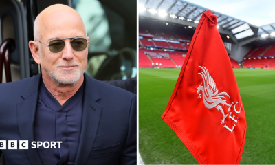 Amazon founder Jeff Bezos and a picture of a corner flag at Liverpool
