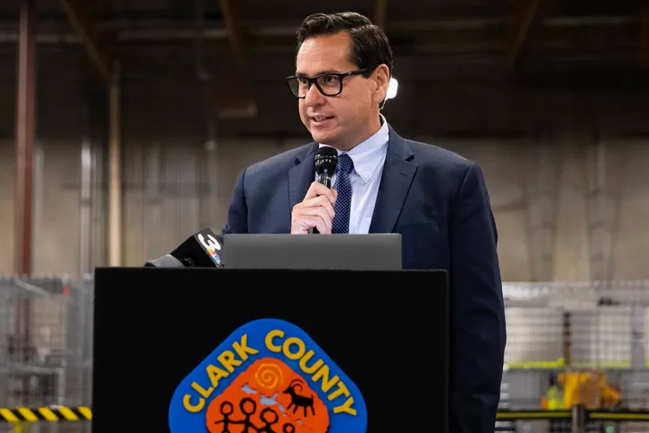 Nevada Secretary of State Cisco Aguilar speaks at the Clark County Election Department warehouse on Nov. 5, 2024, in North Las Vegas.