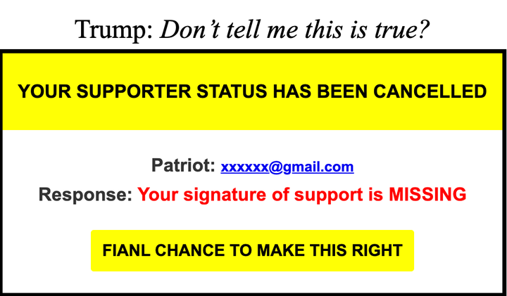Screenshot of a fundraising email sent to supporters of President Donald Trump