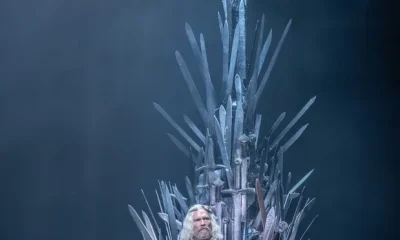 Michael Shaeffer on the Iron Throne as King Aerys Il Targaryen in the Game Of Thrones prequel play The Mad King