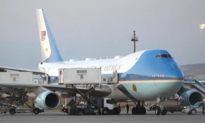 According to the reports, Trump boarded Air Force One via the stairs on the right side of the image, then hid inside a catering container on the opposite side of the plane, which took him to a different aircraft.