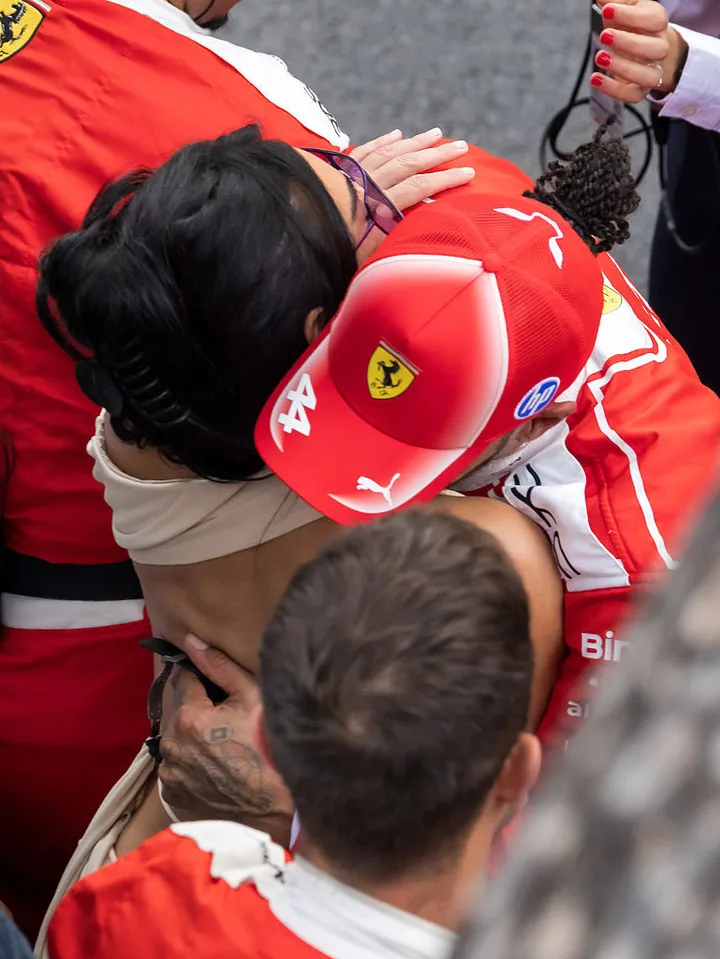Lewis Hamilton and Kim Kardashian are seen hugging during the F1 Grand Prix of Monaco at Circuit de Monaco on June 07, 2026 in Monte-Carlo, Monaco. (Photo by Arnold Jerocki/FilmMagic)