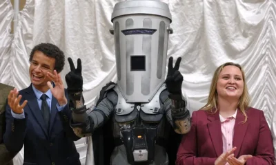 Count Binface stands among other candidates at the Clacton by-election count.